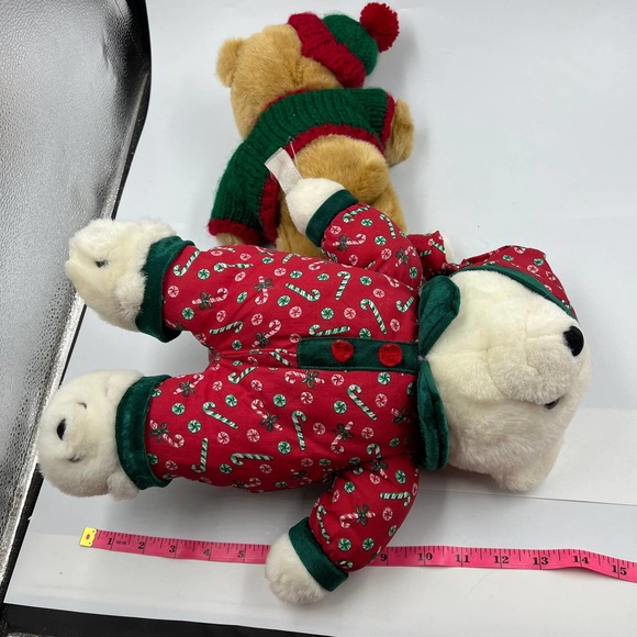 Vintage Teddy Bear Christmas Plush Sweater Slippers Candy Cane PJ's Stocking Hat - Picture 2 of 11